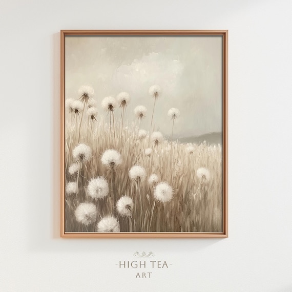 Vintage Dandelion Field Oil Painting Neutral Beige Farmhouse Print