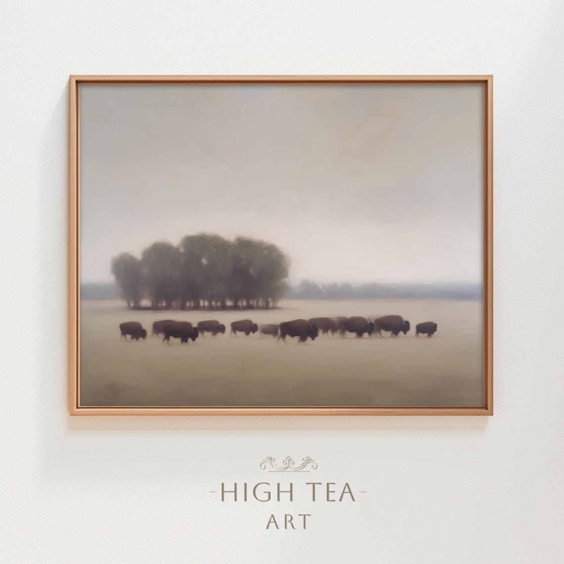 Bison Herd Misty Plains Neutral Oil Painting Wildlife Wall Art