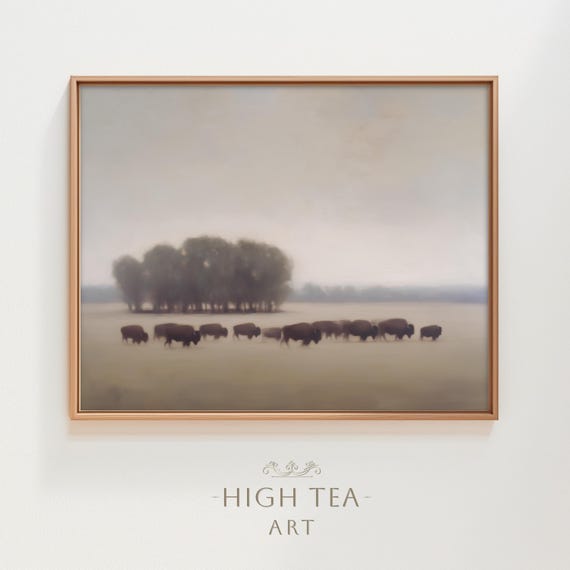 Vintage Bison Herd Oil Painting Art Print Open Plains Landscape Neutral Earthy Nature Wall Decor Hta414