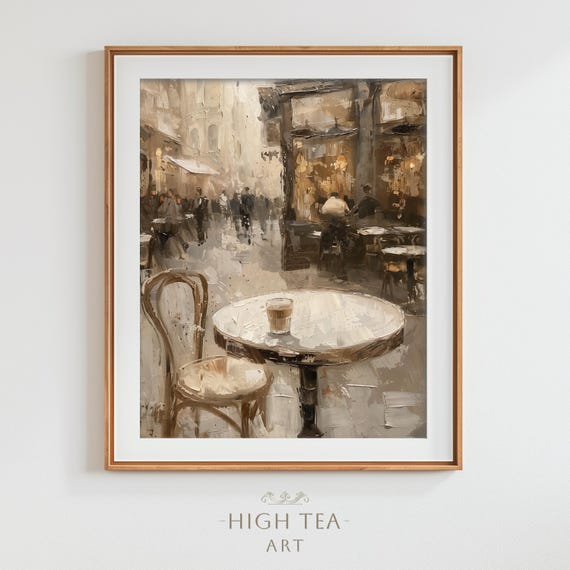 Cafe Latte Coffee Glass Town Oil Painting Art Print Rustic Charm Minimalist Vintage Neutral Muted Home Decor Hta130