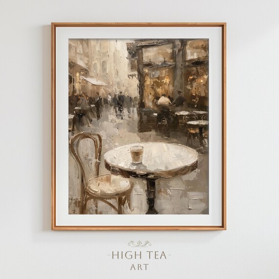 Cafe Latte Coffee Table Old Town Street Scene Oil Painting Poster
