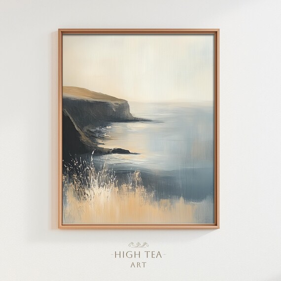 Neutral Coastal Cliffside Oil Painting Muted Gray Seascape Wall Art