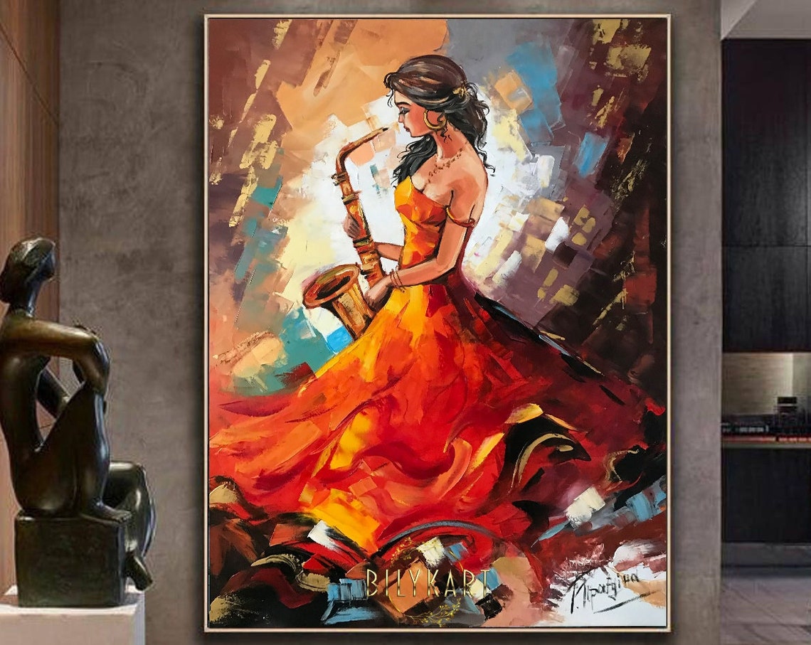 Girl Playing Saxophone Painting Jazz Wall Art Girl In Red Dress Painting On Saxophone Player Gift Original Jazz Woman Oil Painting
