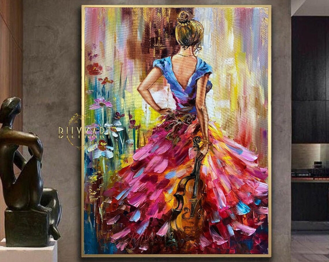 Violin Girl Oil Painting, Flower Dress Wall Art Print