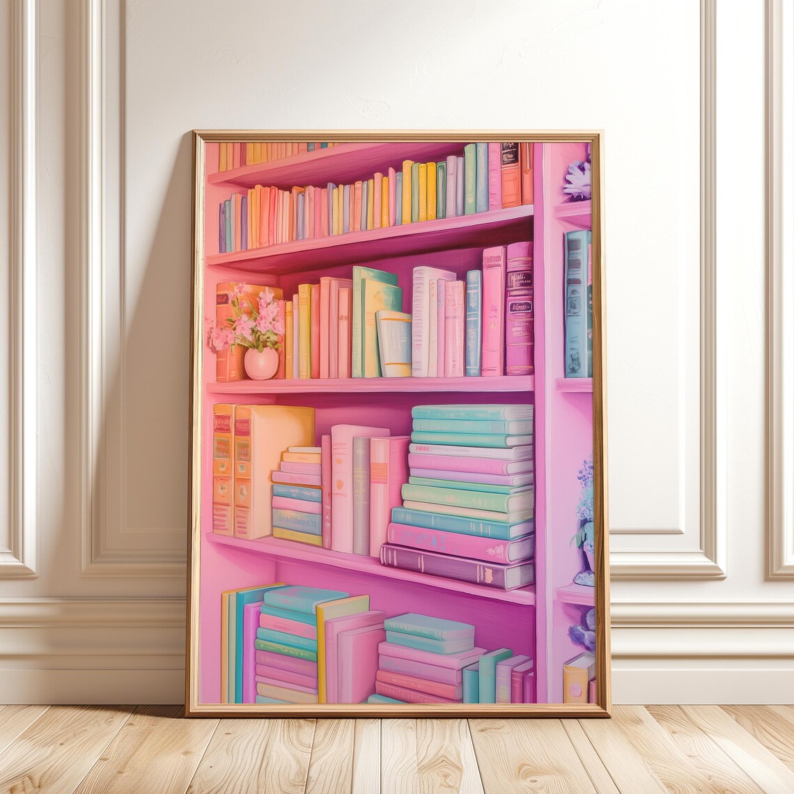 Pink Bookshelf Painting, Colorful Abstract Book Art