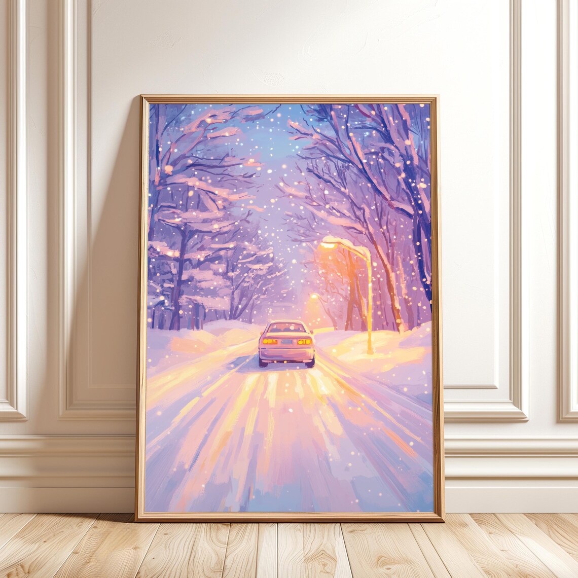 Winter Snowy Road Painting, Purple Winter Landscape