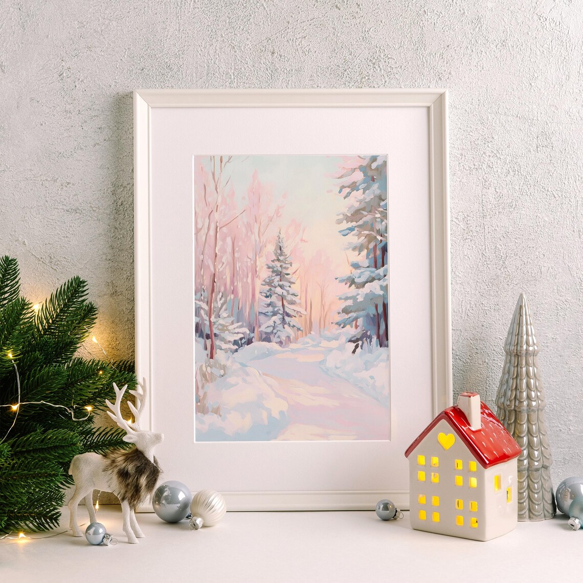 Pastel Winter Forest Painting, Pink Christmas Tree - Image 3