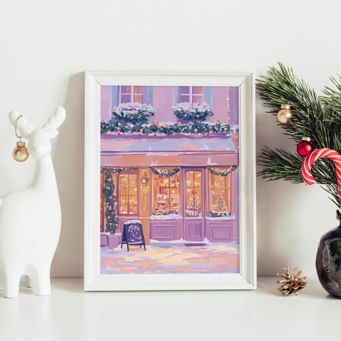 Snowy Shopfront Christmas Painting, Festive Winter - Image 2