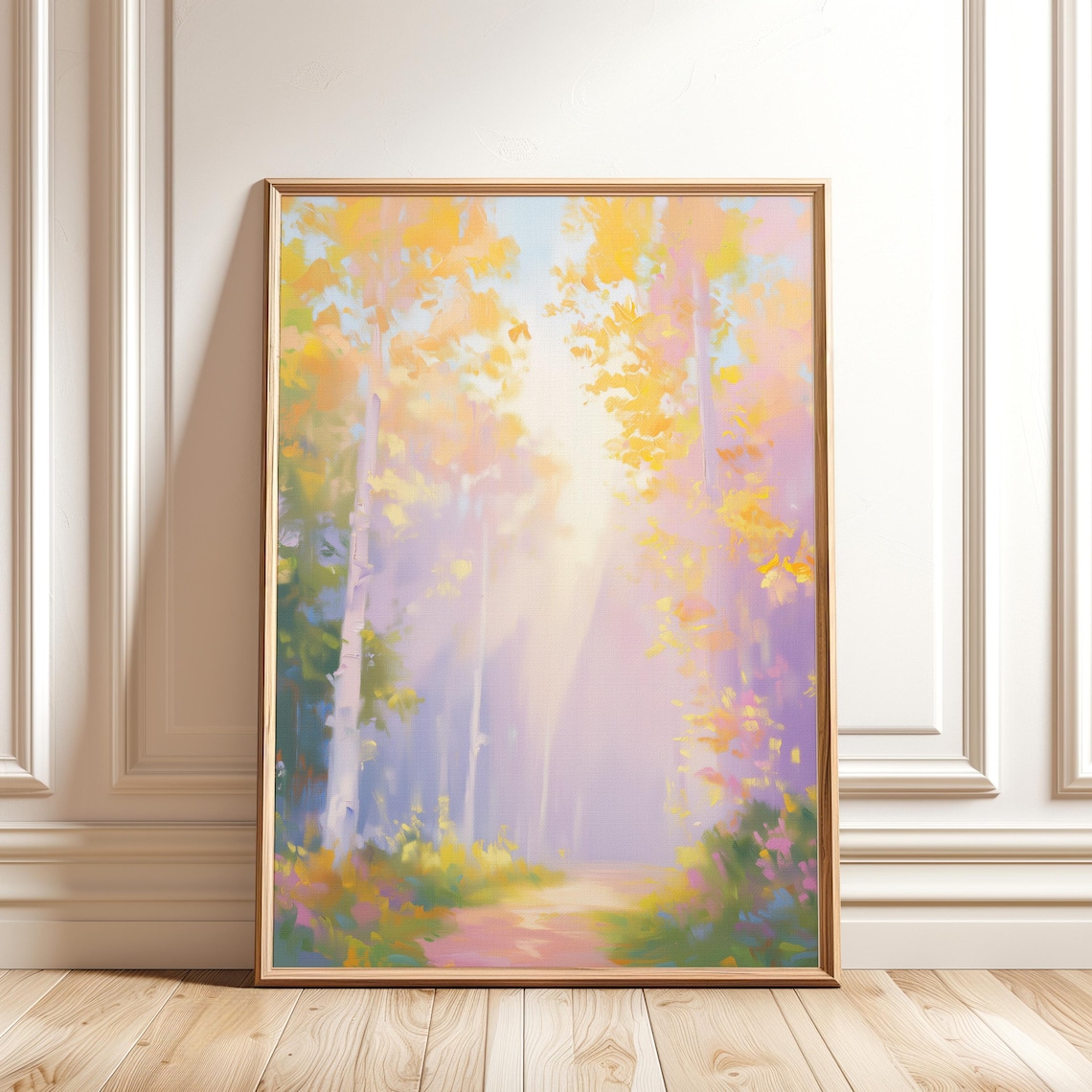 Pastel Forest Path Art Print, Dreamy Birch Trees