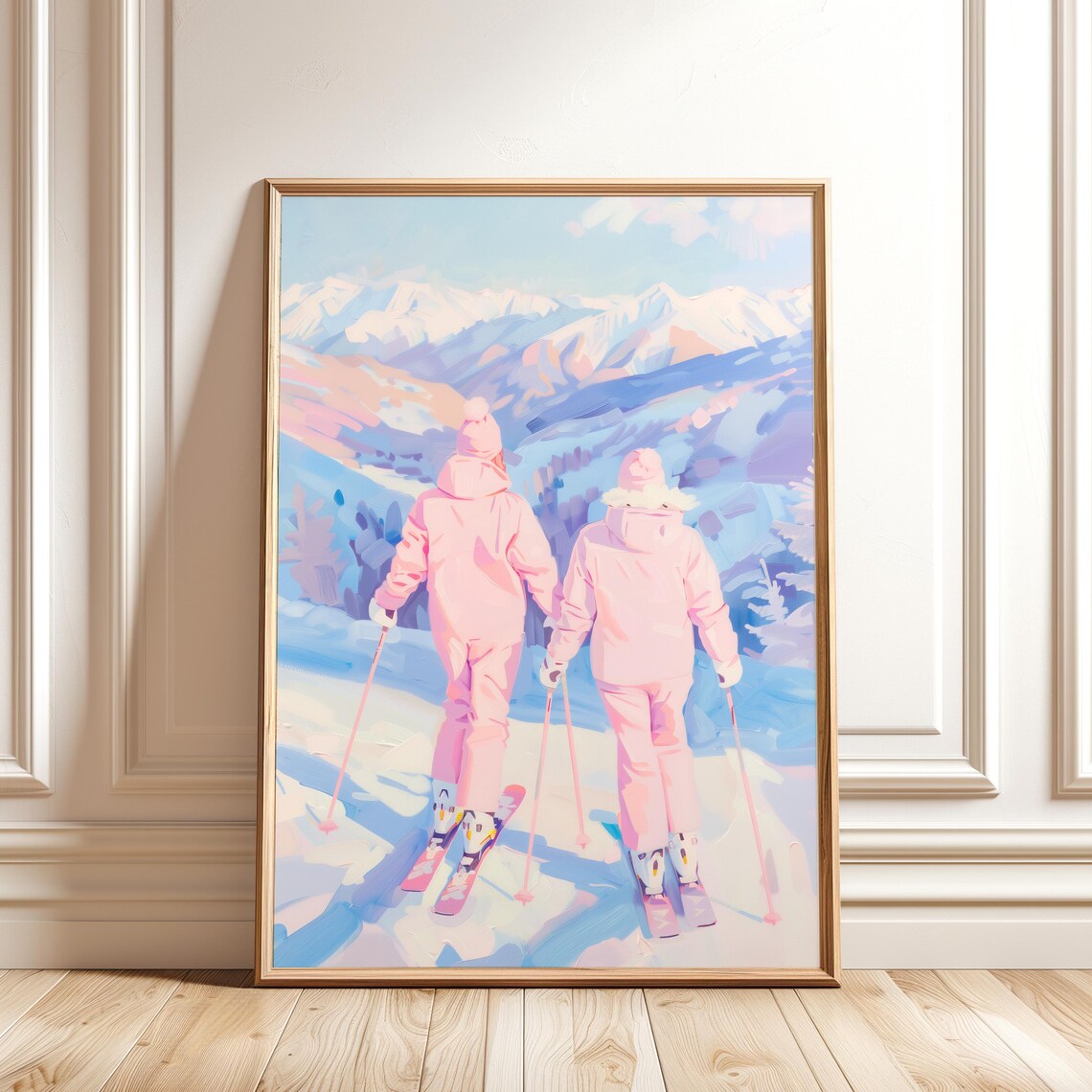 Pastel Skiing Adventure Painting, Winter Mountain Scene
