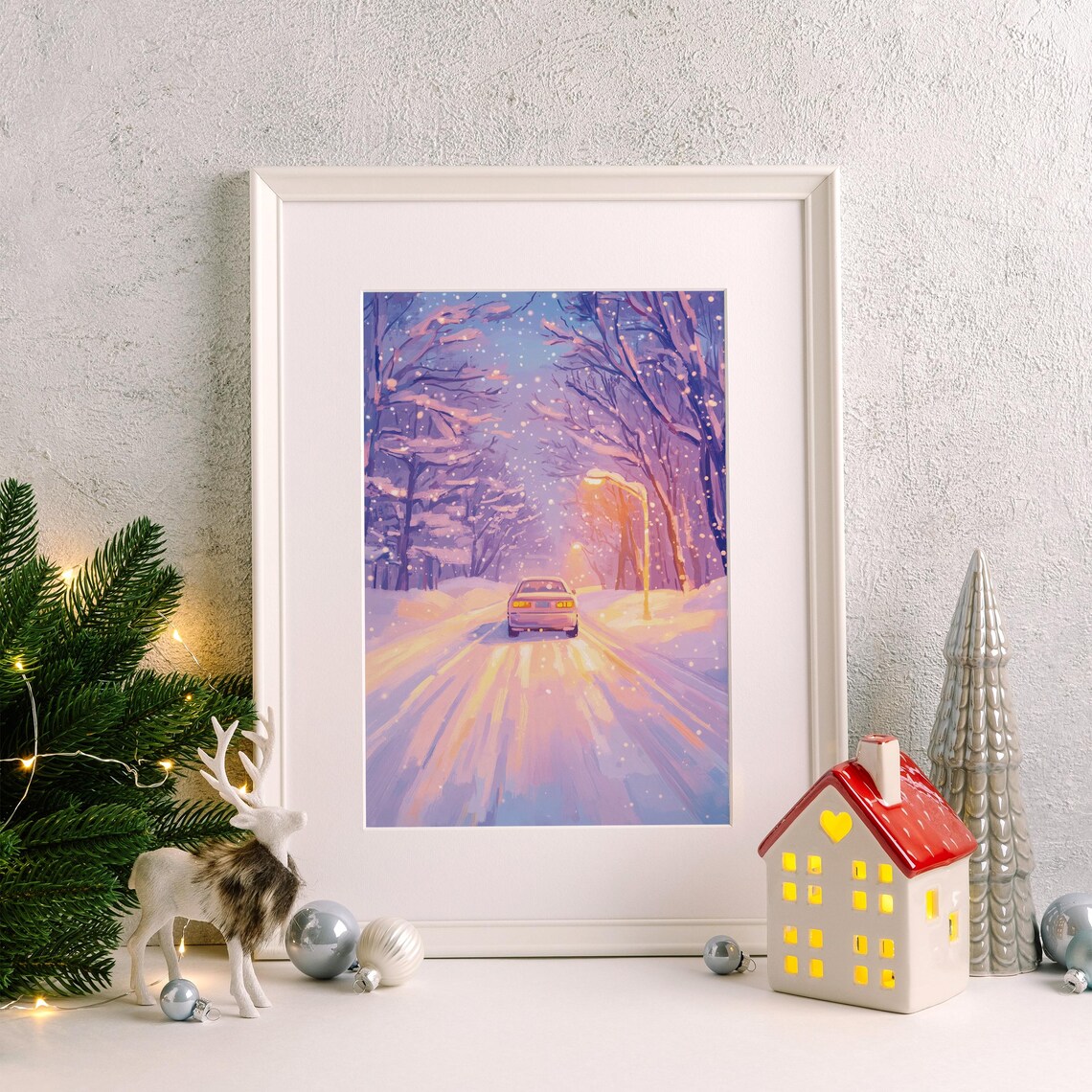 Winter Snowy Road Painting, Purple Winter Landscape - Image 3