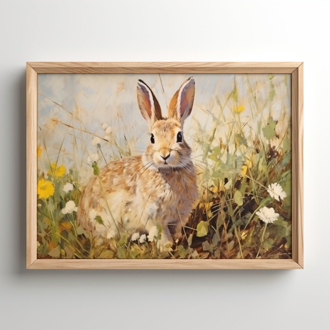 Rabbit In Spring Meadow Oil Painting, Nursery Art