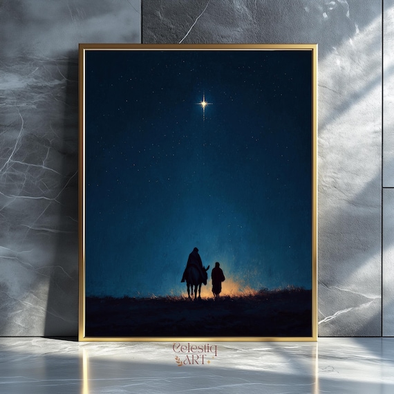 Nativity Silhouette Star of Bethlehem Night Sky Minimal Religious Wall Art