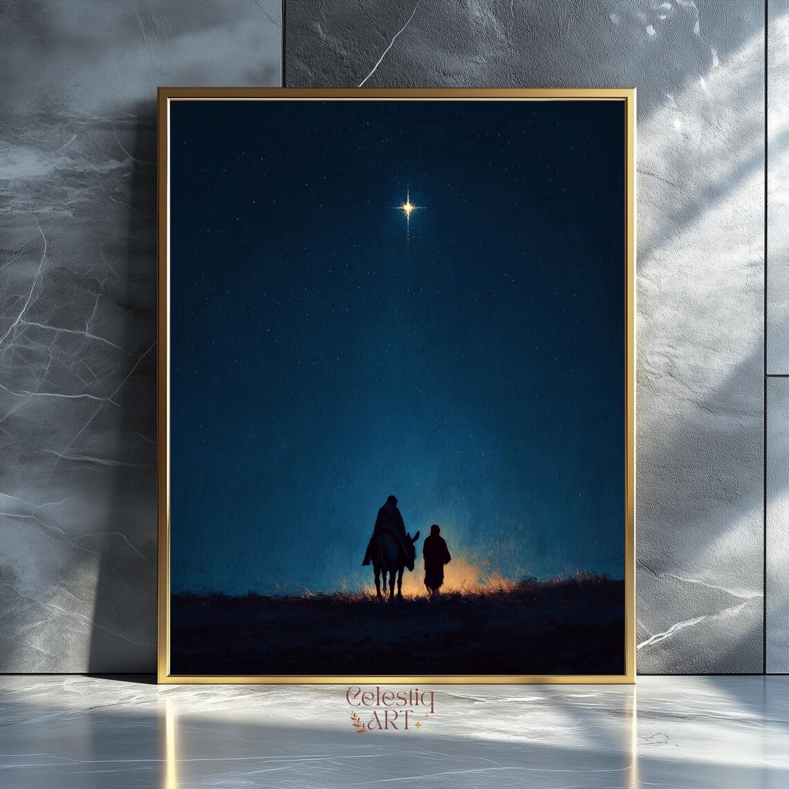 Nativity Silhouette Star of Bethlehem Night Sky Minimal Religious Wall Art