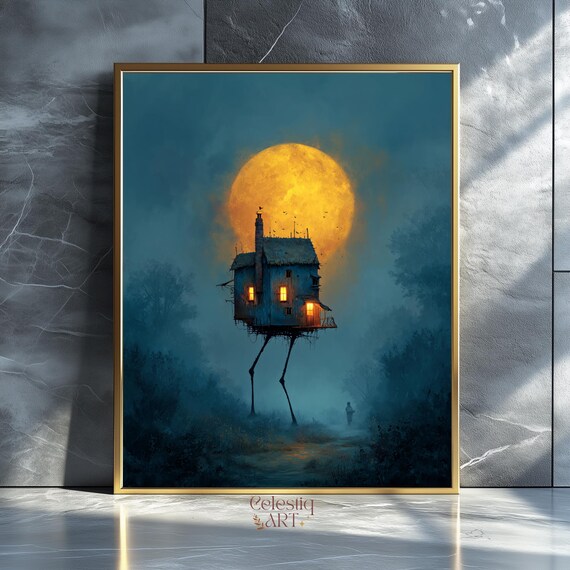 Baba Yaga Chicken Leg House Full Moon Dark Folklore Fantasy Wall Art