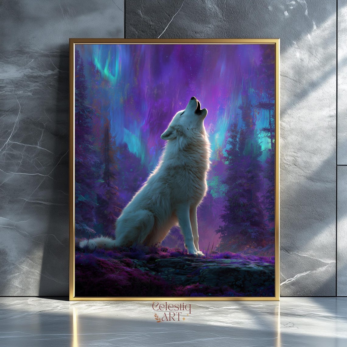 Howling Wolf Wall Art Aurora Borealis Night Sky Spiritual Nordic Decor