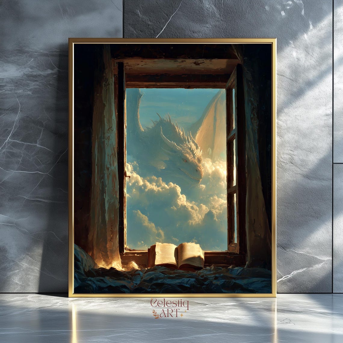 White Dragon Outside Open Window Fantasy Book Lover Wall Art