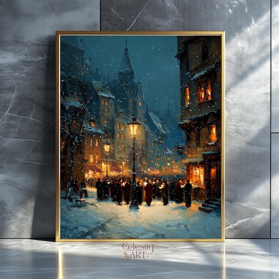 Snowy Victorian Christmas Eve Street Carolers Vintage Wall Art