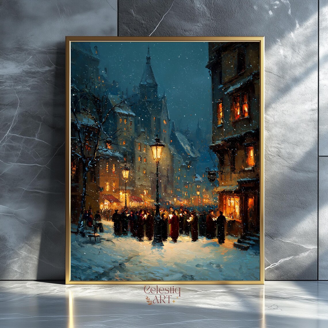 Snowy Victorian Christmas Eve Street Carolers Vintage Wall Art