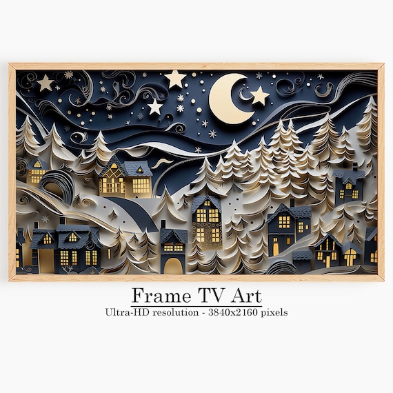 3D Paper Cut Winter Village Crescent Moon Night Sky Frame TV Wall Art