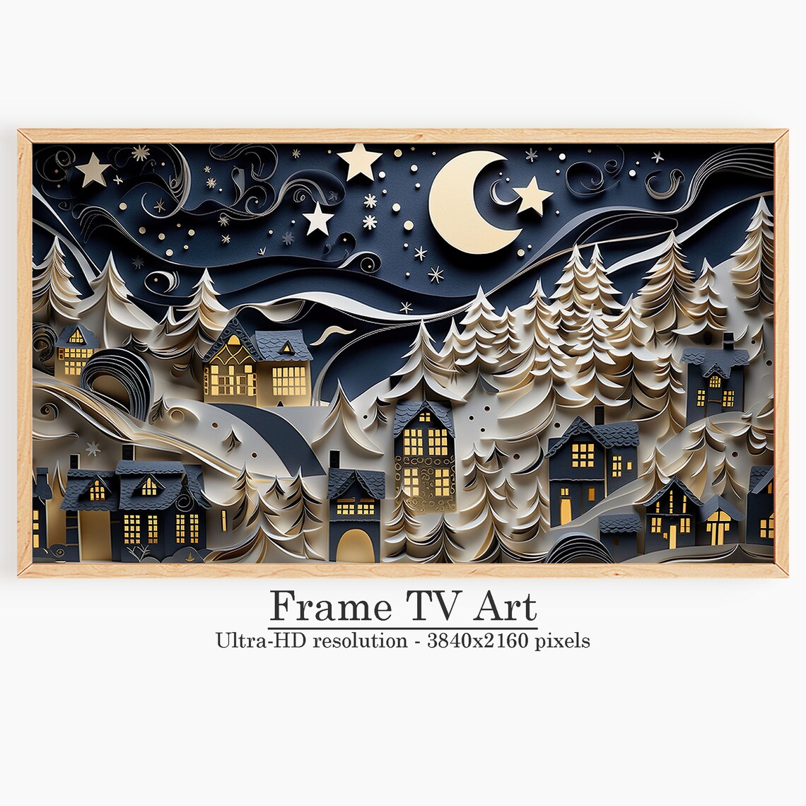 3D Paper Cut Winter Village Crescent Moon Night Sky Frame TV Wall Art