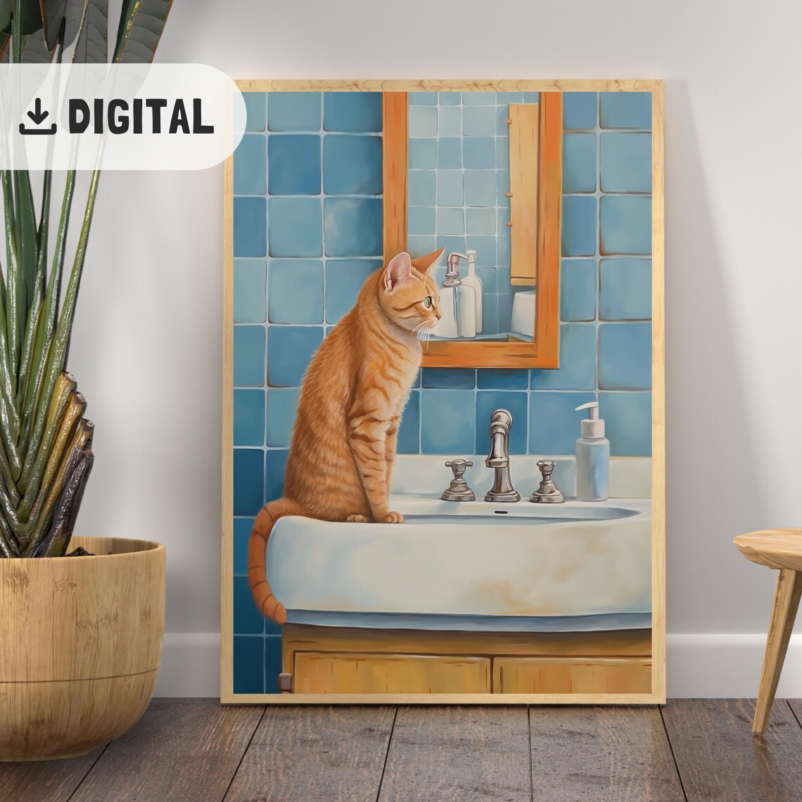 Trendy Bathroom Art Print Red Cat Sink Guest Bathroom Wall Decor Funny Cat Restroom Painting Toilet Humor Poster Wc Blue Wall Art Wash Paw - Image 2
