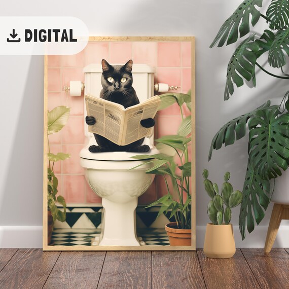 Black Cat Reading Newspaper On Toilet Retro Pink Tile Bathroom Poster