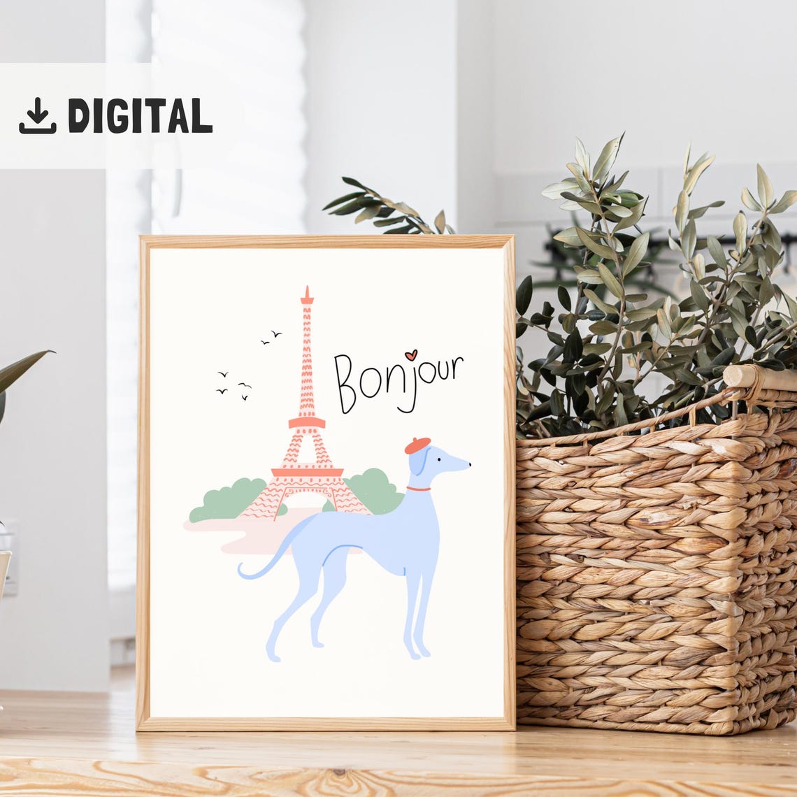 Bonjour French Prints Vintage Paris Wall Art Dog French Decor Eiffel Tower Parisian Art Print Europe Travel Print France Home Decor