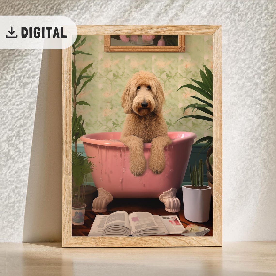Goldendoodle Sitting in Pink Clawfoot Bathtub with Book Dog Poster - Image 2