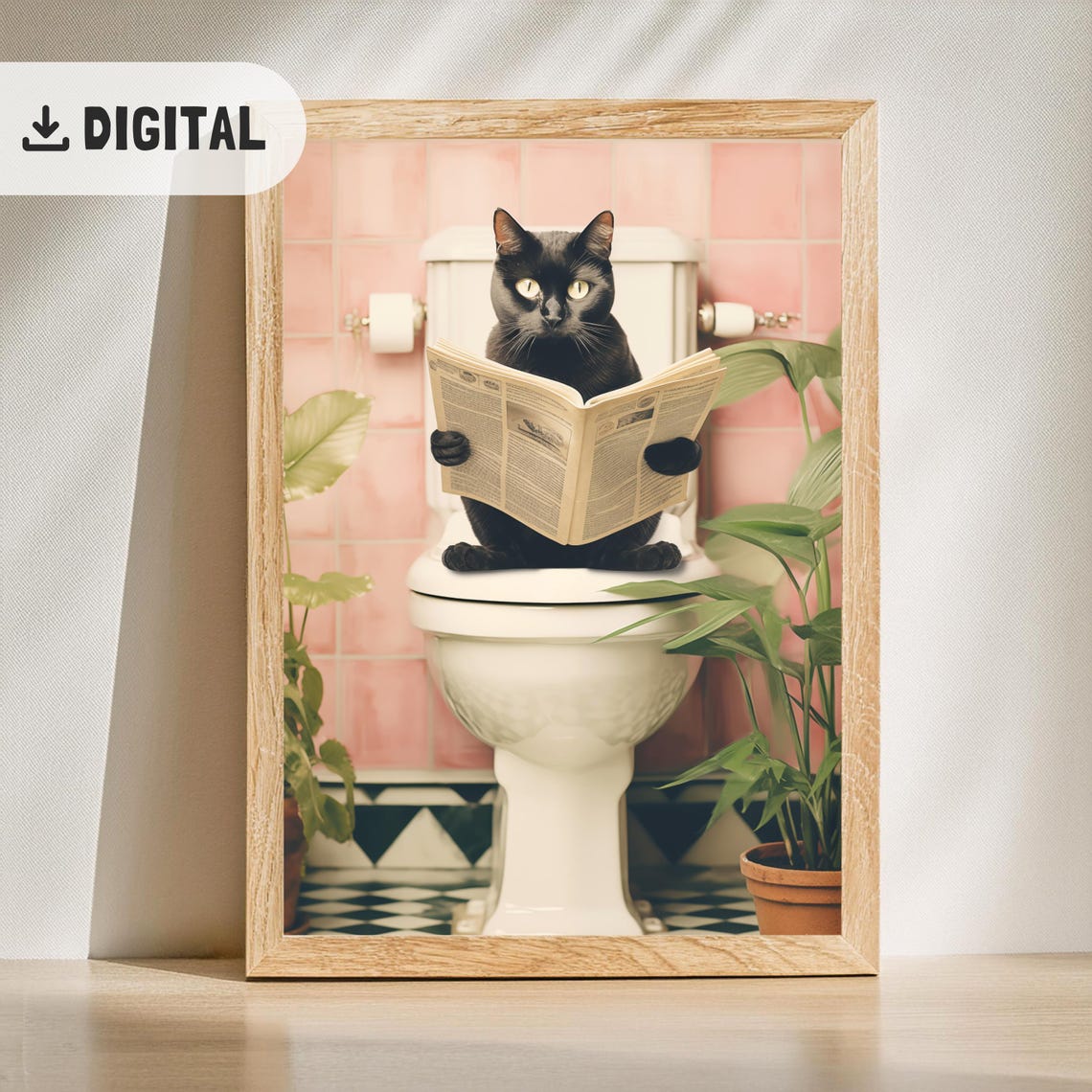 Black Cat Reading Newspaper On Toilet Retro Pink Tile Bathroom Poster - Image 2
