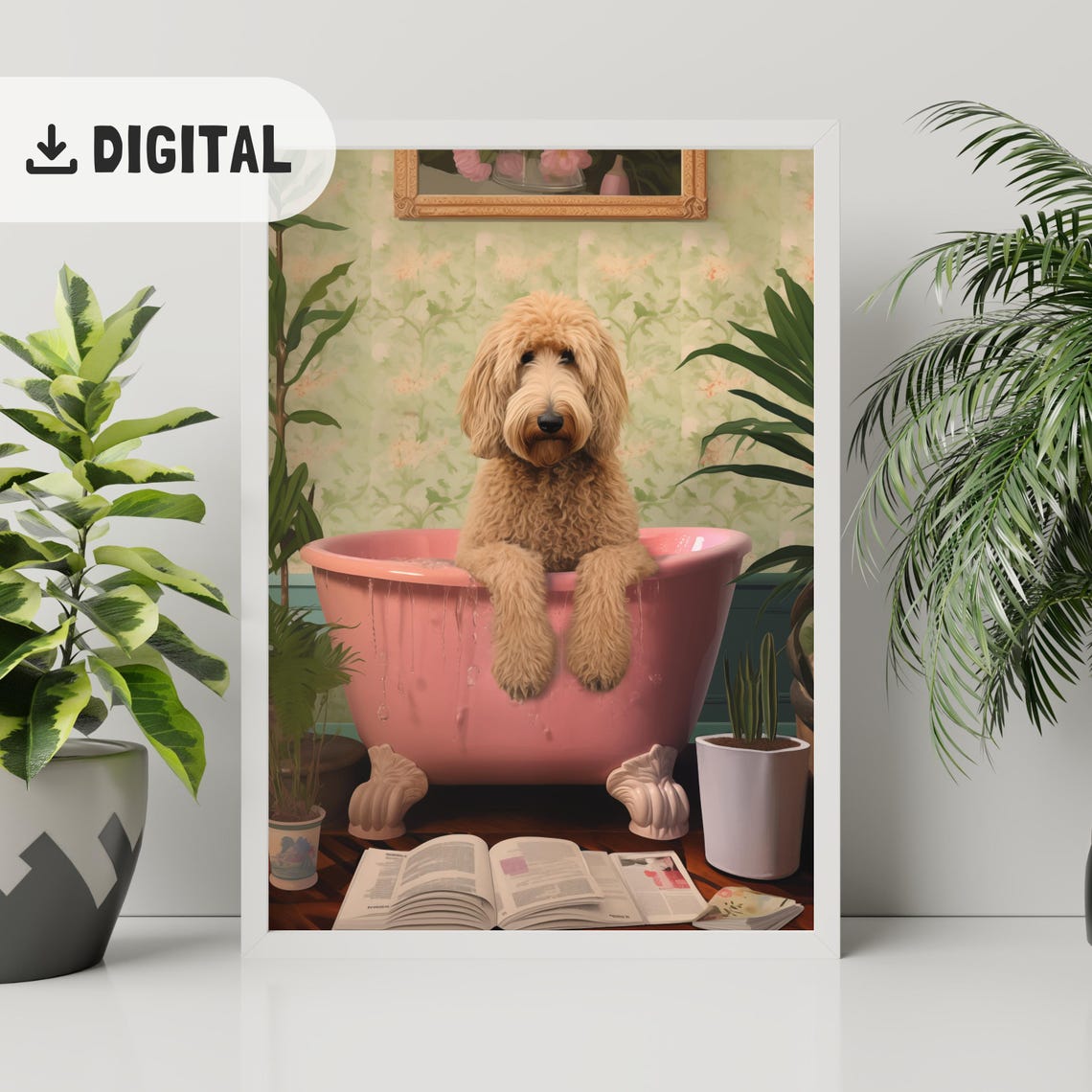Vintage Goldendoodle Bathtub Print Dog Bathroom Wall Art Funny Dogful Toilet Pink Bathtube Wall Decor Goldendoodle Painting Humor Poster Wc