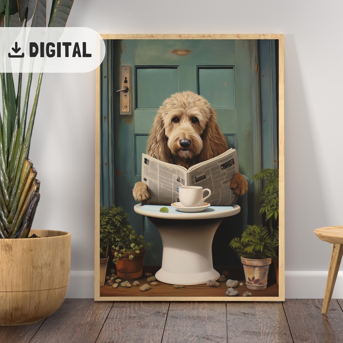 Goldendoodle with Newspaper and Coffee on Toilet Funny Dog Poster - Image 2