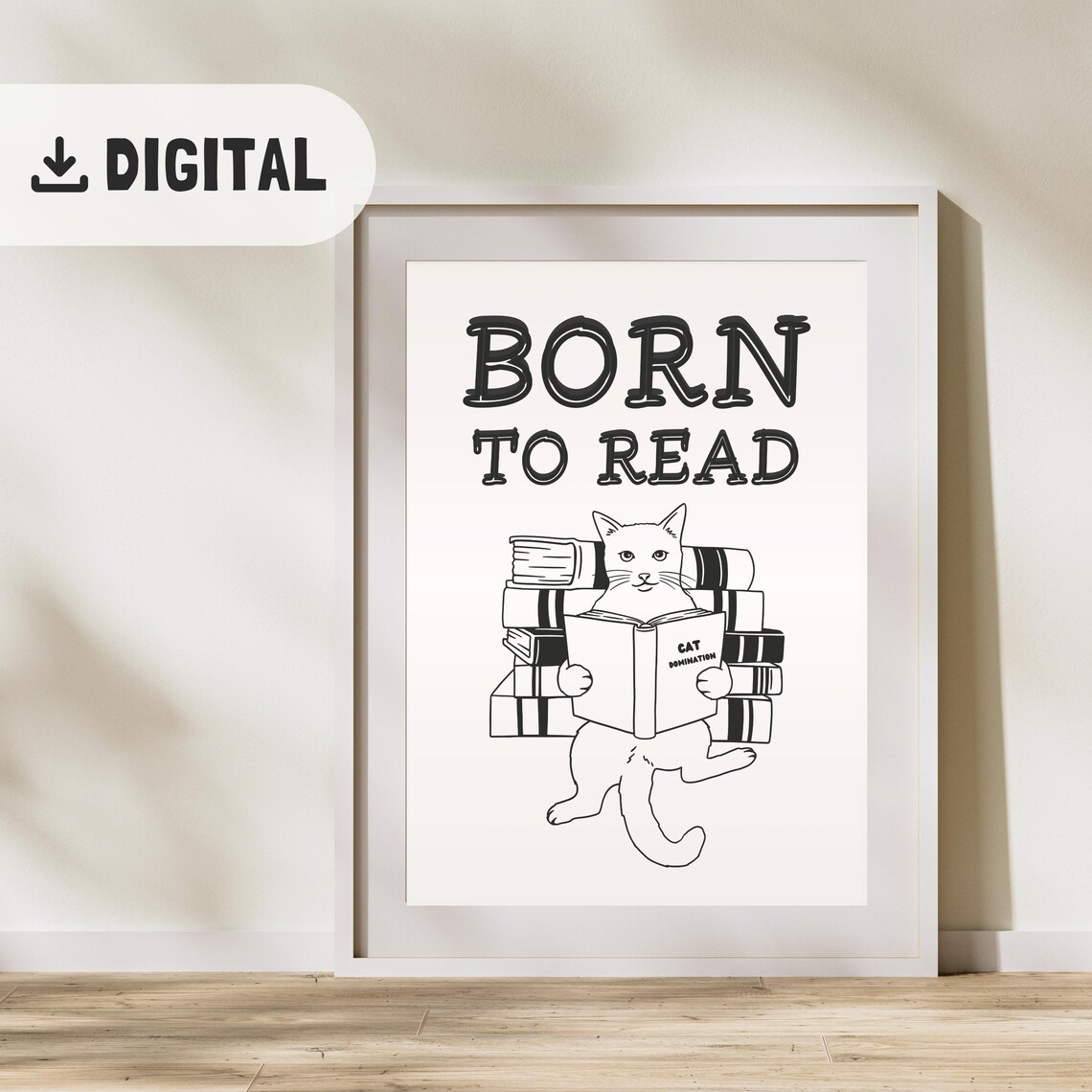 Born To Read White Cat Reading Books Minimalist Black White Poster - Image 2