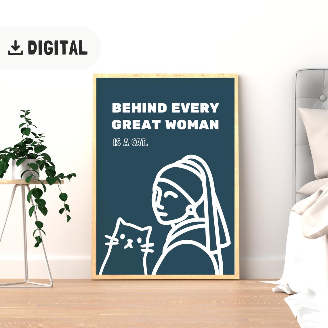 Behind Every Great Woman Is A Cat Navy Blue Quote Poster Gift