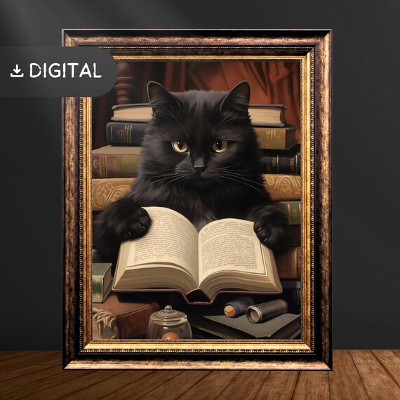 Gothic Black Cat Reading Book Vintage Oil Painting Dark Academia Wall Art