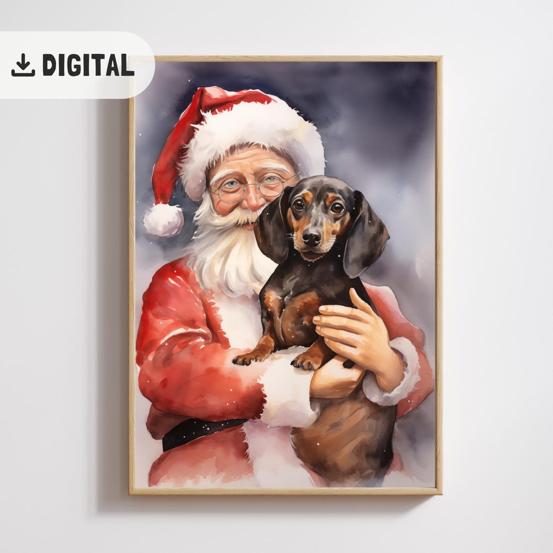 Santa Claus Holding Dachshund Puppy Watercolor Christmas Poster