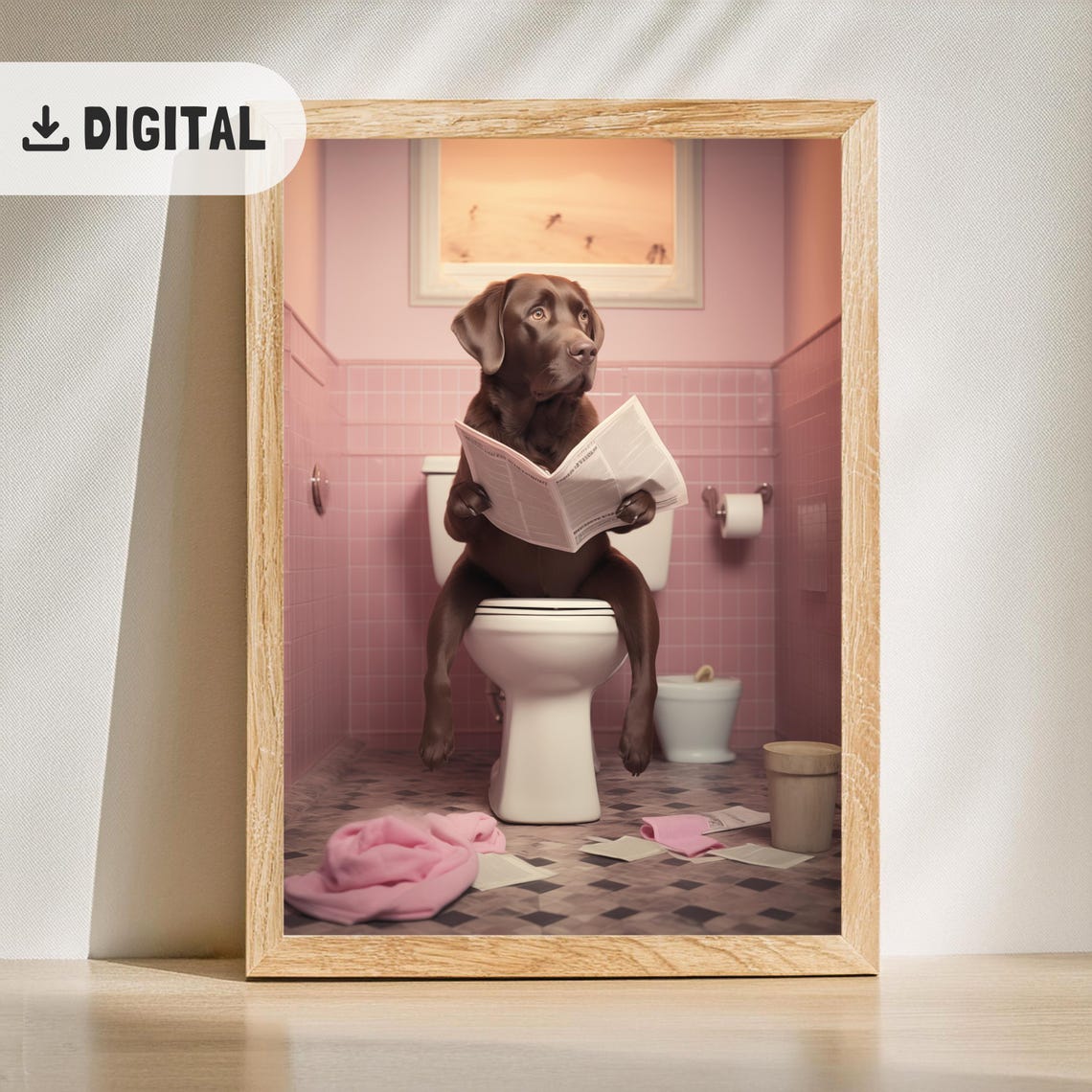Chocolate Labrador Reading Newspaper in Pink Tiled Bathroom Poster - Image 2