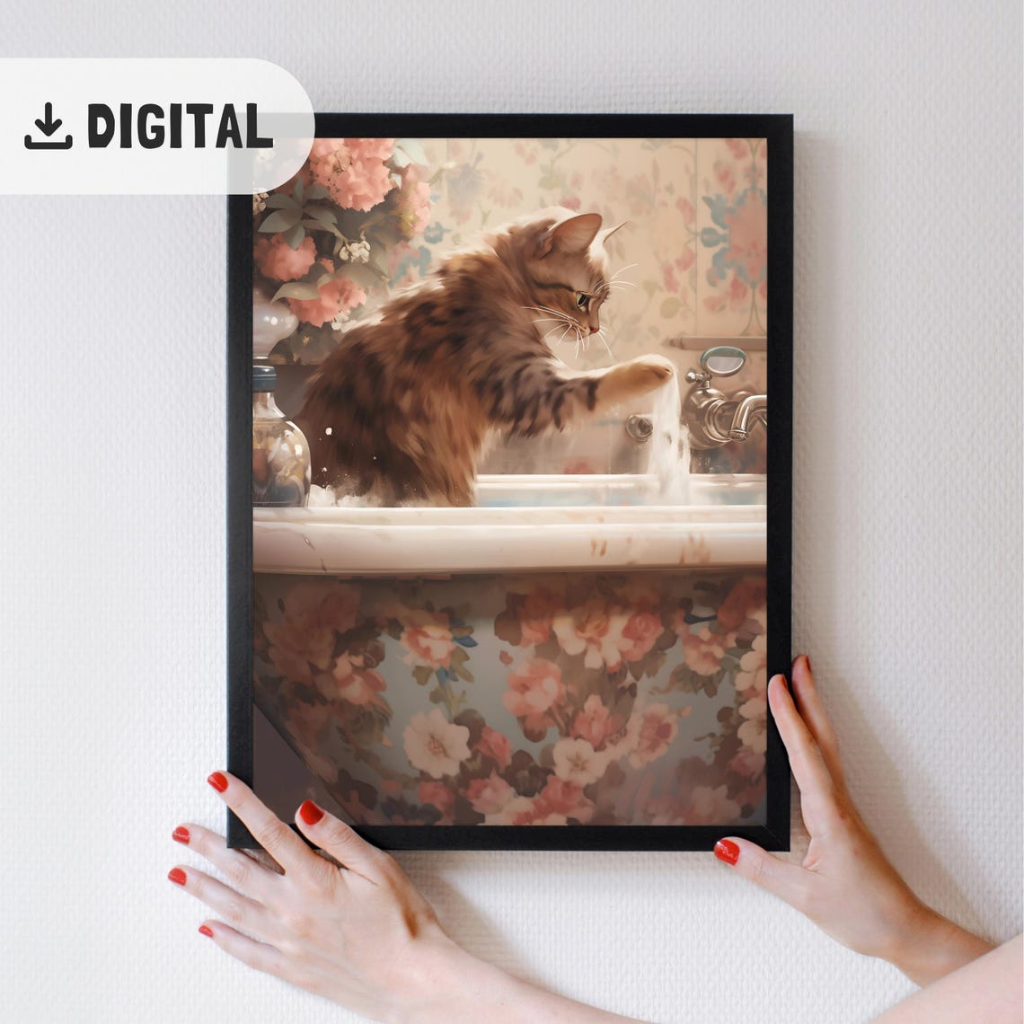 Brown Tabby Cat at Vintage Sink Playing with Tap Water Poster - Image 2