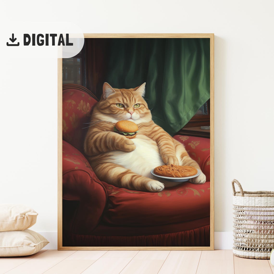 Orange Tabby Cat With Burger Pasta Vintage Armchair Poster Gift - Image 2