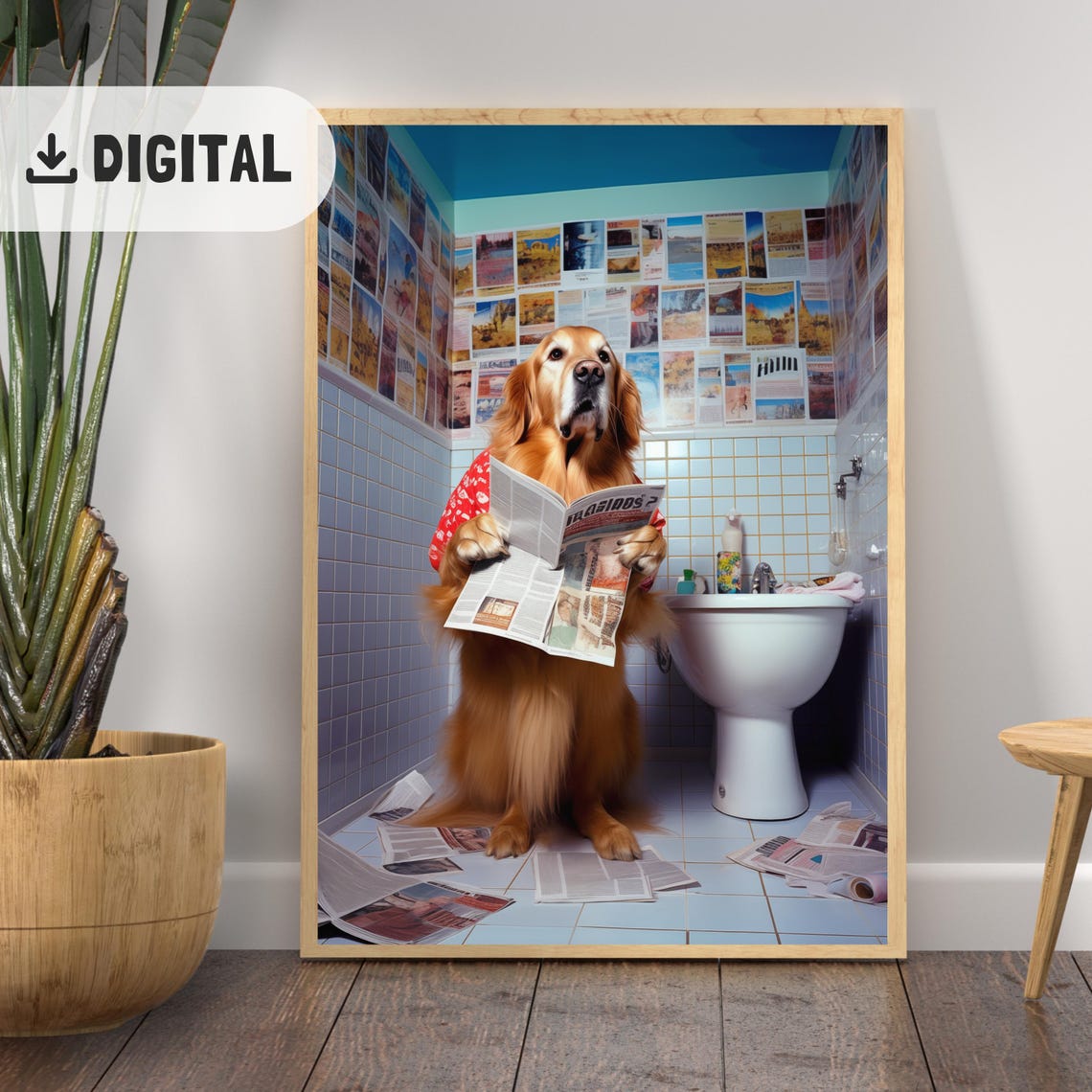 Golden Retriever in Red Shirt Reading Newspaper in Bathroom Poster