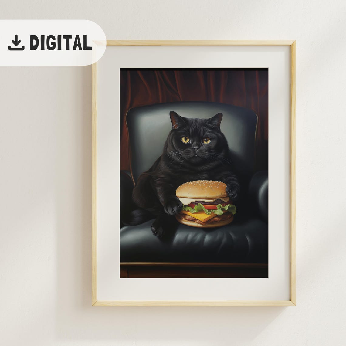 Black Cat With Cheeseburger Leather Chair Painterly Poster Gift - Image 2
