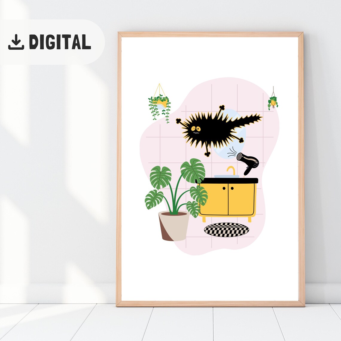 Funny Cat Blow Dry Bathroom Cartoon Black Cat Grooming Art Wall Art