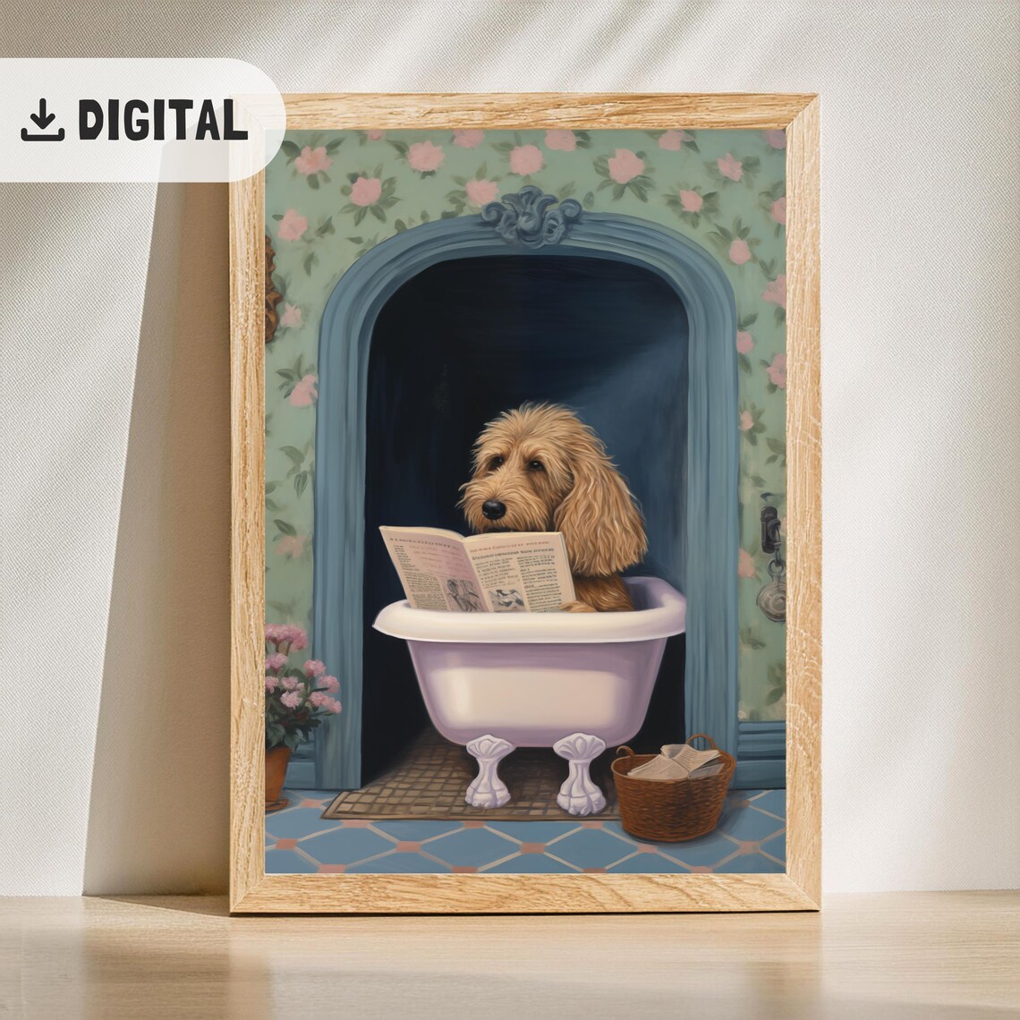 Goldendoodle Reading Newspaper in White Bathtub Floral Art Poster - Image 2