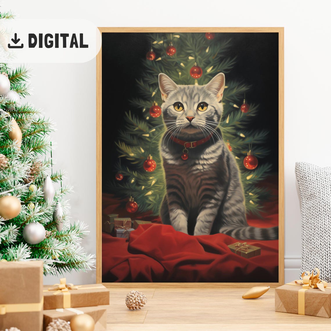 Gray Tabby Cat Red Collar Christmas Tree Classic Poster Gift