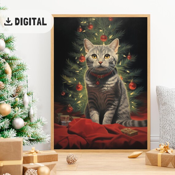 Trendy Cat Christmas Tree Painting Wall Art Merry Christmas Funny Cat Poster Cute Xmas Home Decor Holiday Gift For Christmas Cat Lover Print