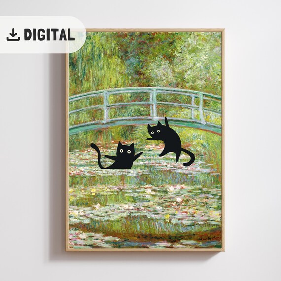 Funny Monet Cat Art Claude Monet Water Lily Pond Bridge Cat Print Quirky Cat Poster Black Cat Wallart For Cat Lovers Gift Home Decor