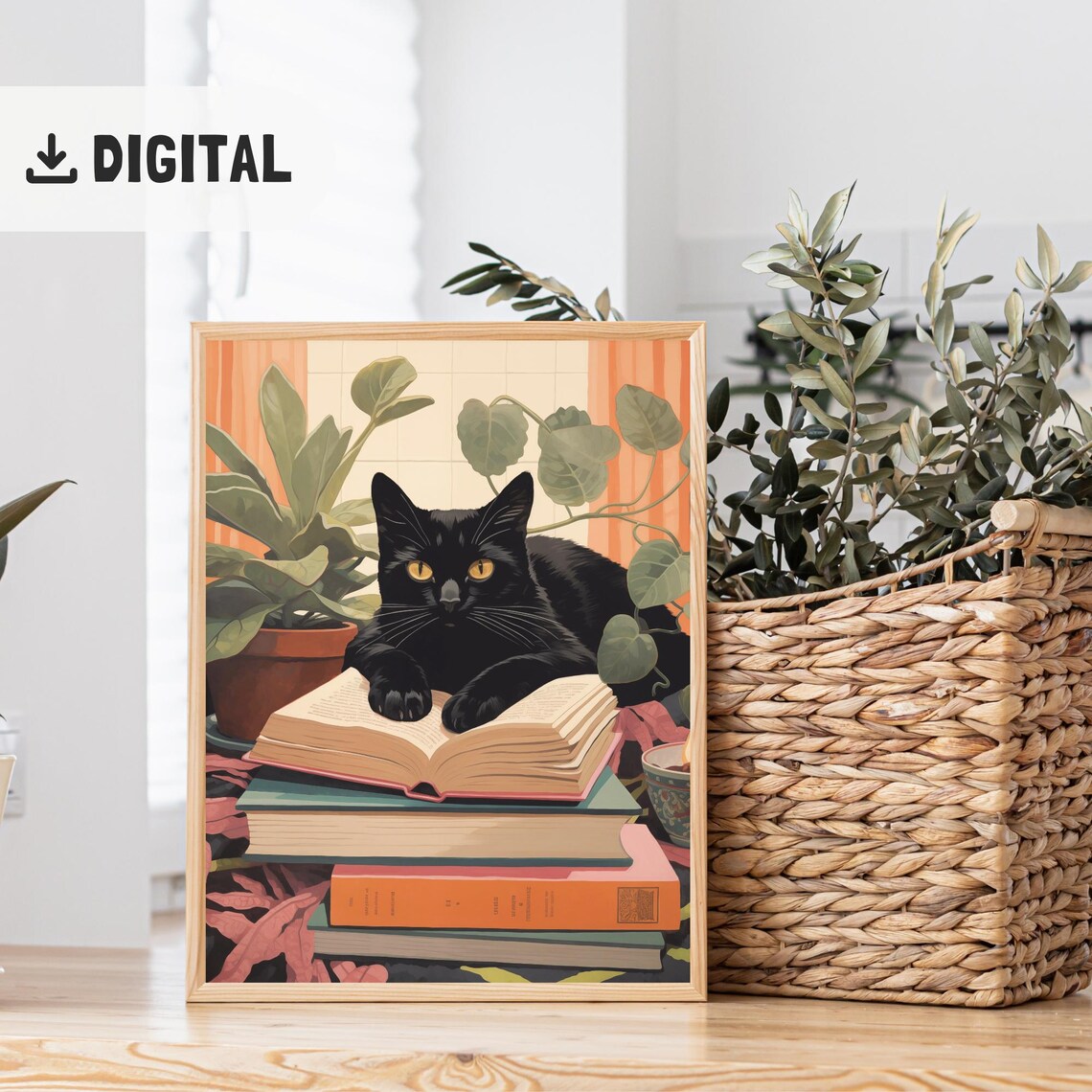 Cat Reading Vintage Black Cat and Books Art Print - Image 3