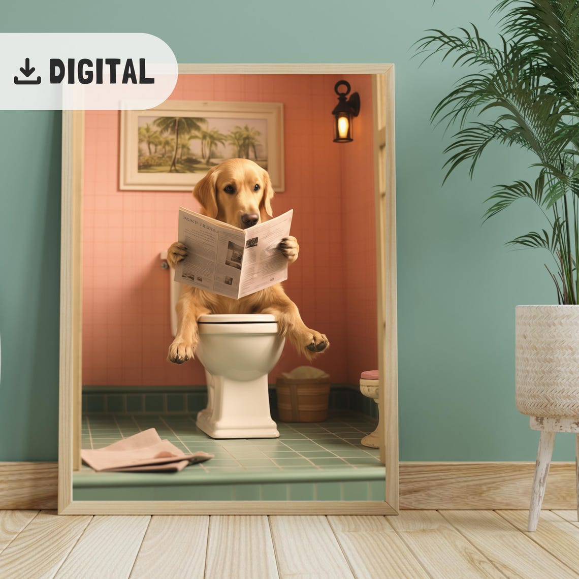 Trendy Golden Retriever Toilet Wall Art Funny Dog Bathroom Decor Quirky Golden Reading Newspaper Print Dogful Toilet Humor Poster Wc Dog Mom - Image 2