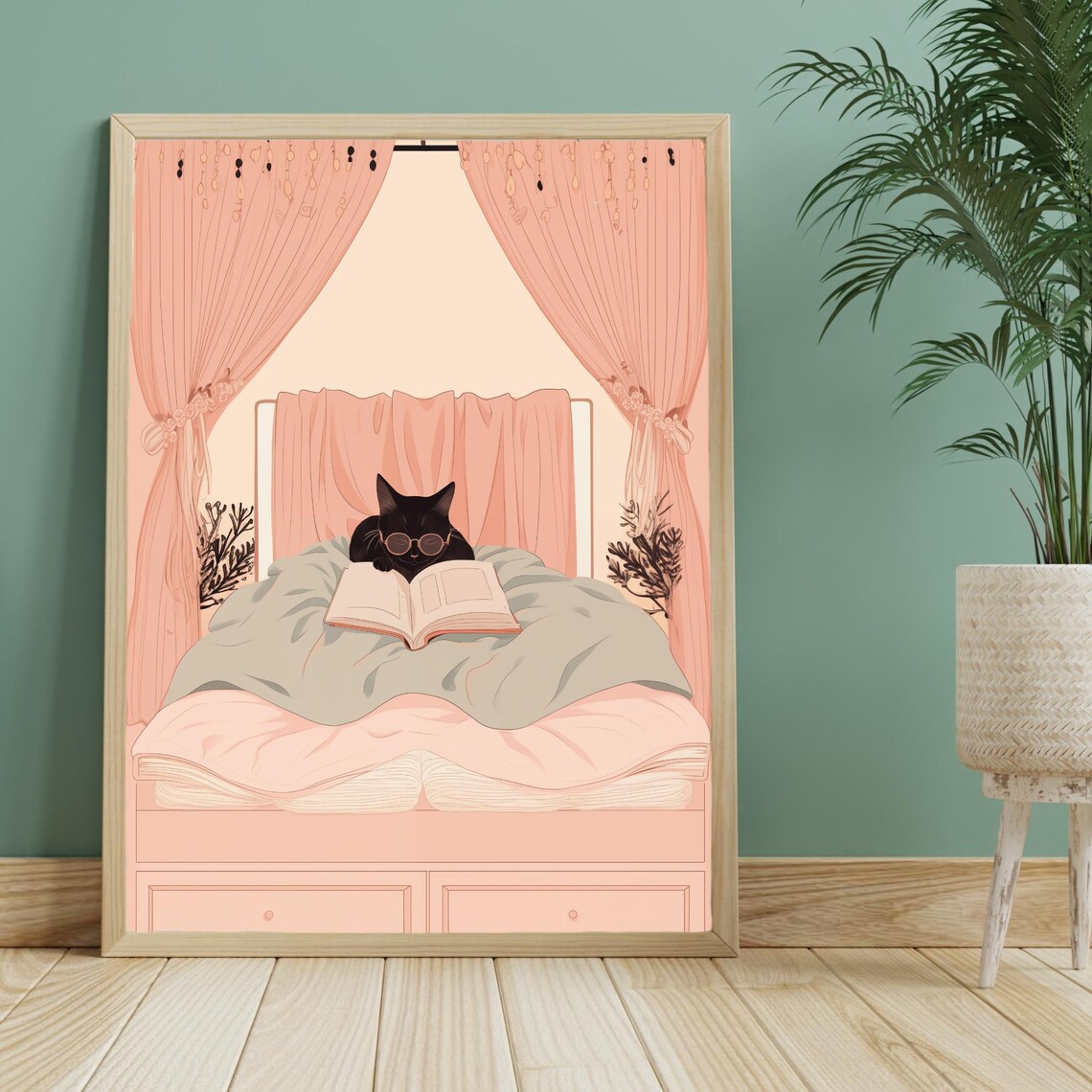 Black Cat With Glasses Reading Under Pink Canopy Bed Illustration Wall Art - Image 3