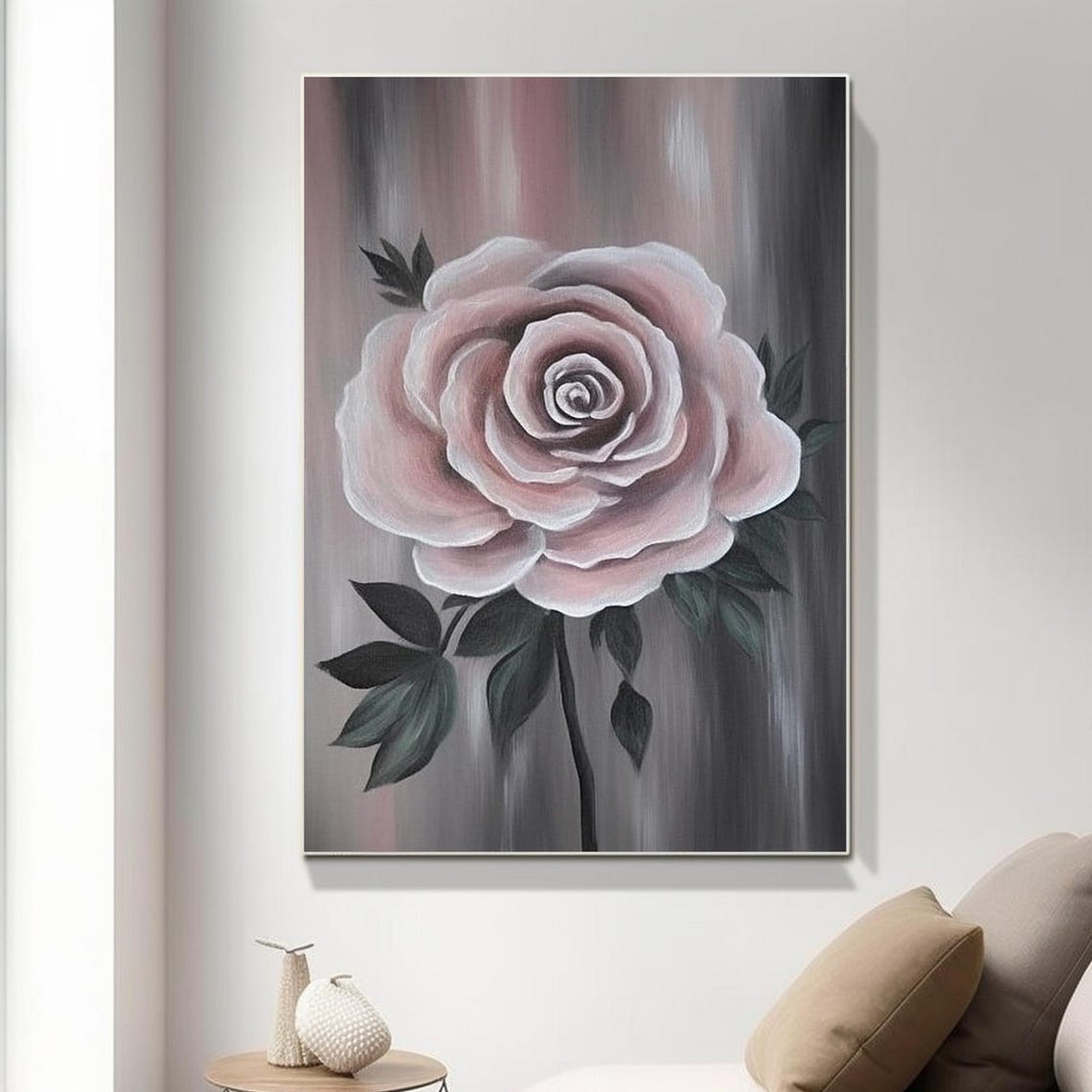 Single Pink Rose Bloom On Dark Gray Background Dramatic Floral Print
